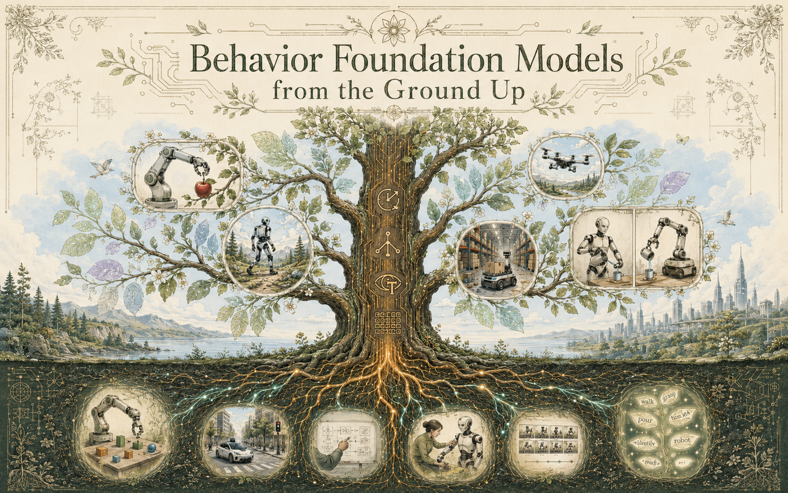 Illustrated tree of embodied intelligence: roots show multimodal data sources feeding into the model trunk, branches show diverse robots performing varied tasks — botanical engraving style with circuit-board motifs